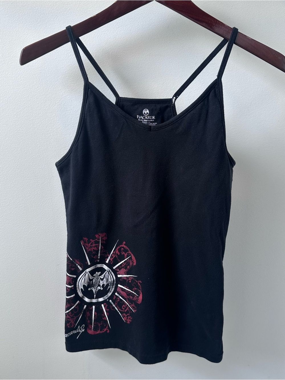 Vintage Bacardi Bat Logo Spaghetti Strap Cami Tank Top Y2K Black Womens Large